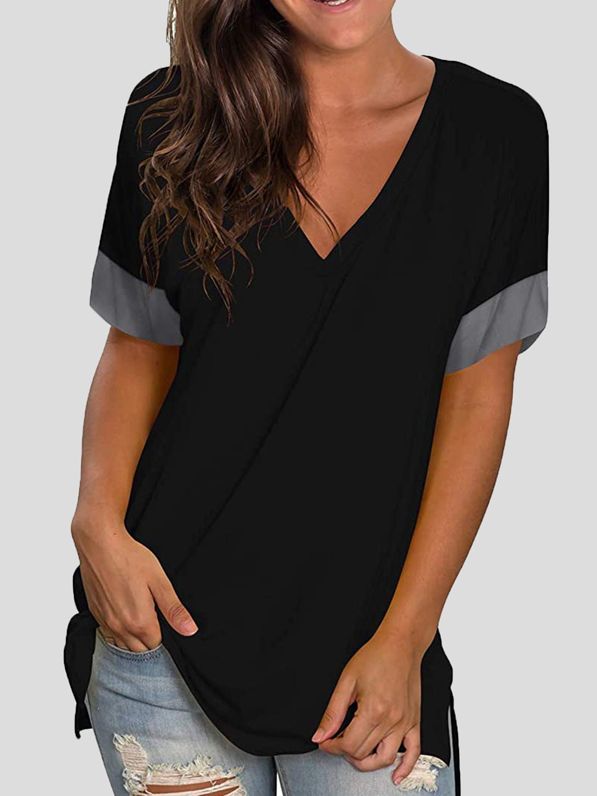 Women's T-Shirts Solid V-Neck Short Sleeve T-Shirt - T-Shirts - Instastyled | Online Fashion Free Shipping Clothing, Dresses, Tops, Shoes - 13/05/2022 - 20-30 - color-black