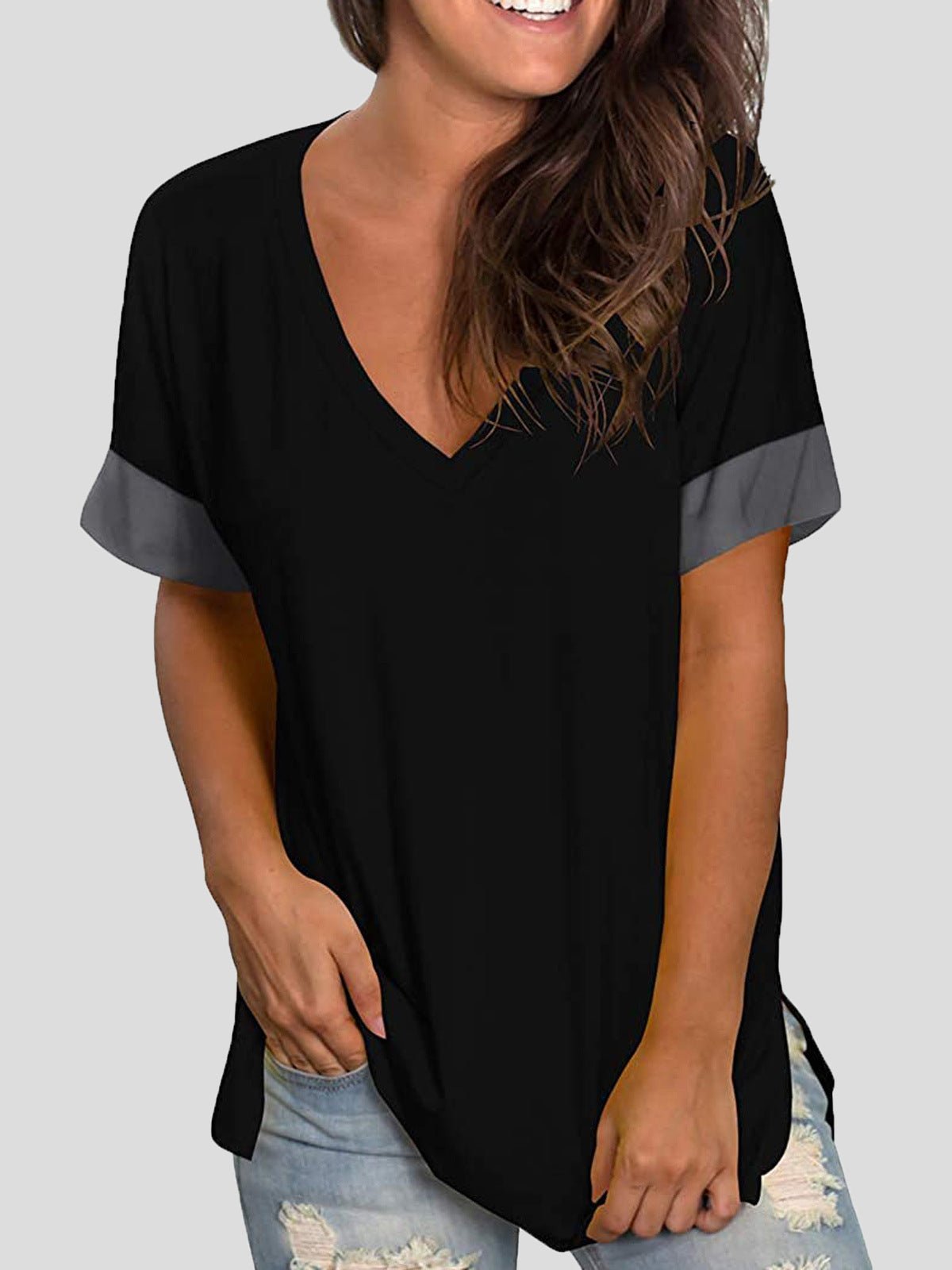 Women's T-Shirts Solid V-Neck Short Sleeve T-Shirt - T-Shirts - Instastyled | Online Fashion Free Shipping Clothing, Dresses, Tops, Shoes - 13/05/2022 - 20-30 - color-black