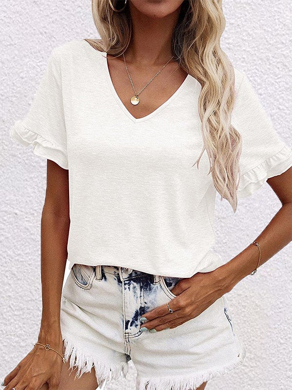 Women's T-Shirts Solid V-Neck Short Sleeve T-Shirt - T-Shirts - Instastyled | Online Fashion Free Shipping Clothing, Dresses, Tops, Shoes - 13/01/2022 - 20-30 - color-black