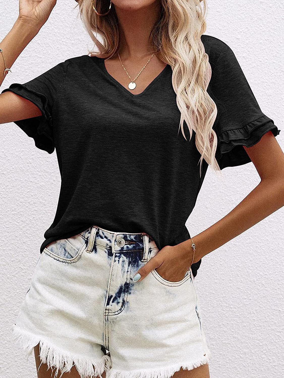 Women's T-Shirts Solid V-Neck Short Sleeve T-Shirt - T-Shirts - Instastyled | Online Fashion Free Shipping Clothing, Dresses, Tops, Shoes - 13/01/2022 - 20-30 - color-black