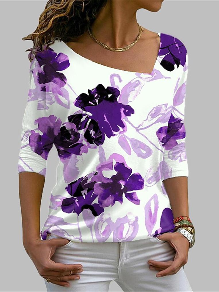 Women's T-Shirts Square Neck Floral Print Long Sleeve T-Shirt - T-Shirts - INS | Online Fashion Free Shipping Clothing, Dresses, Tops, Shoes - 20-30 - 22/10/2021 - color-blue