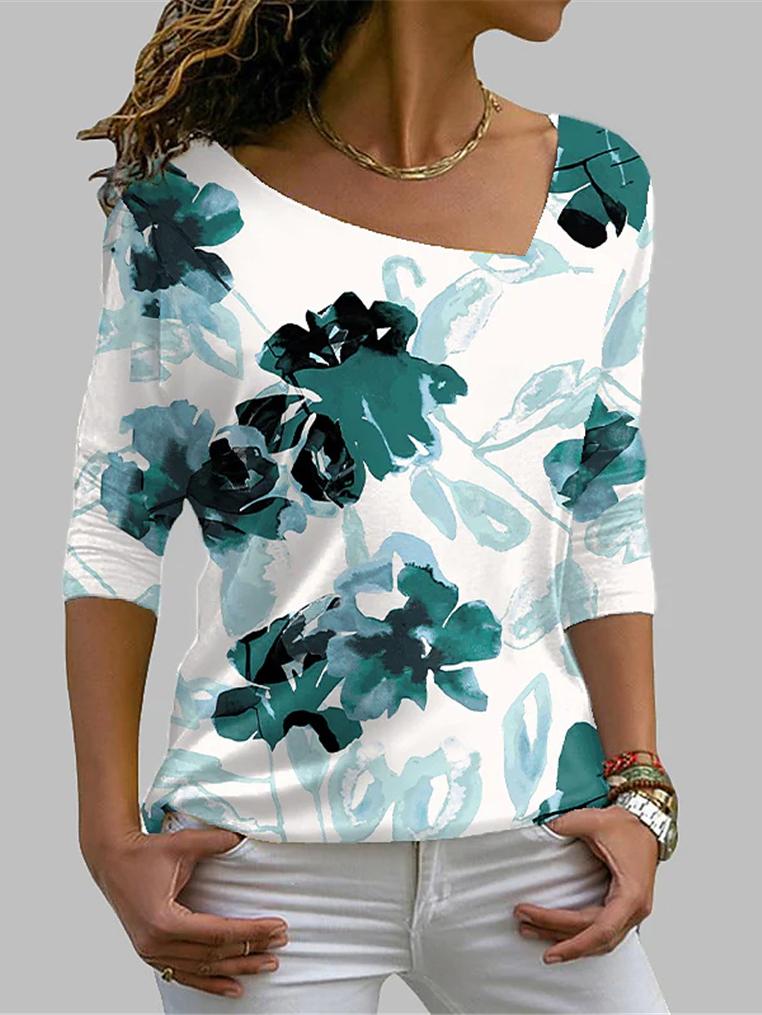 Women's T-Shirts Square Neck Floral Print Long Sleeve T-Shirt - T-Shirts - INS | Online Fashion Free Shipping Clothing, Dresses, Tops, Shoes - 20-30 - 22/10/2021 - color-blue