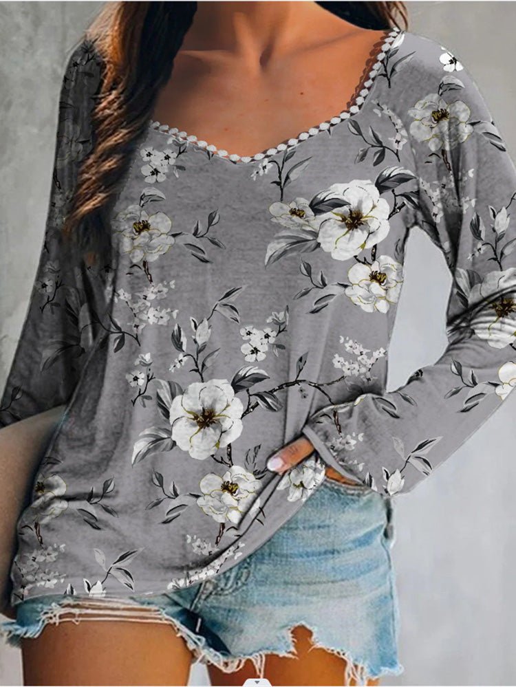 Women's T-Shirts Square Neck Lace Print Casual T-Shirt - T-Shirts - Instastyled | Online Fashion Free Shipping Clothing, Dresses, Tops, Shoes - 20-30 - 29/07/2022 - color-gray