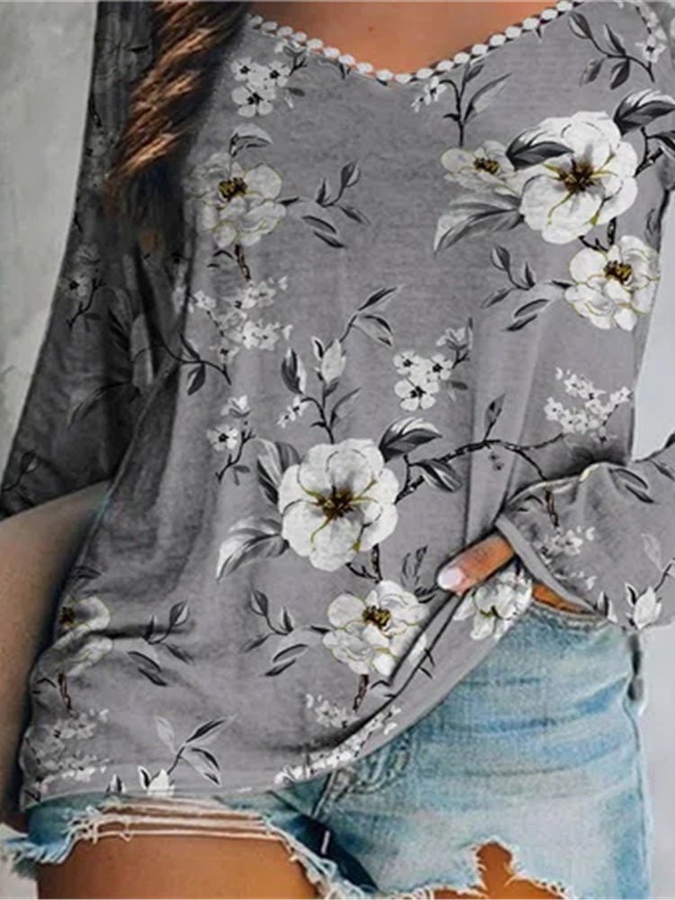 Women's T-Shirts Square Neck Lace Print Casual T-Shirt - T-Shirts - Instastyled | Online Fashion Free Shipping Clothing, Dresses, Tops, Shoes - 20-30 - 29/07/2022 - color-gray