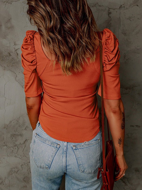 Women's T-Shirts Square Neck Puff Sleeve Short Sleeve T-Shirt - T-Shirts - Instastyled | Online Fashion Free Shipping Clothing, Dresses, Tops, Shoes - 01/07/2022 - 20-30 - color-orange