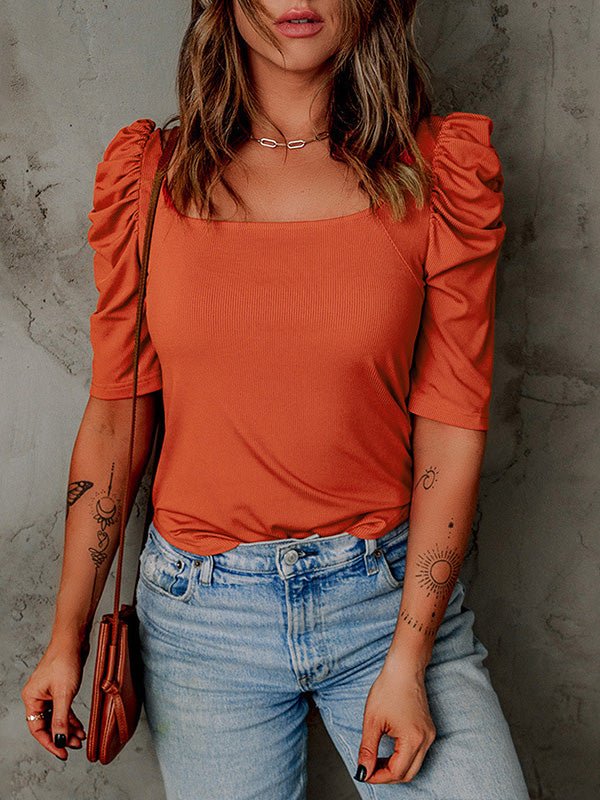 Women's T-Shirts Square Neck Puff Sleeve Short Sleeve T-Shirt - T-Shirts - Instastyled | Online Fashion Free Shipping Clothing, Dresses, Tops, Shoes - 01/07/2022 - 20-30 - color-orange