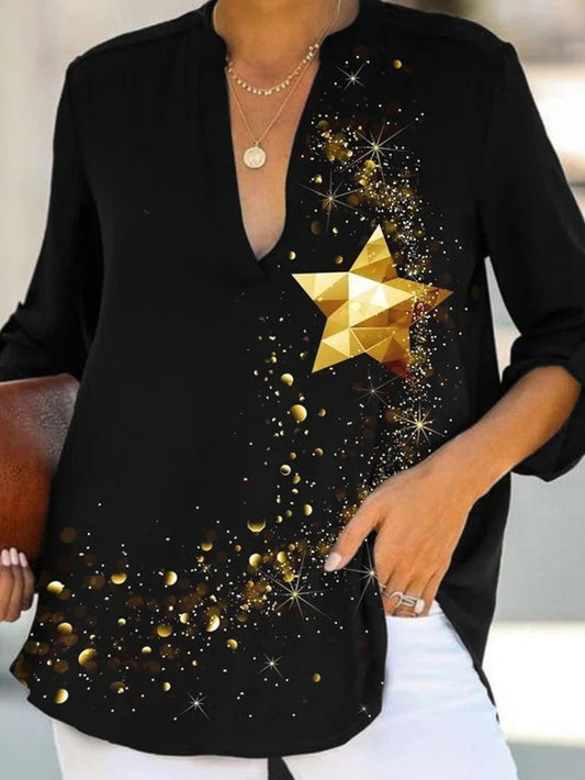 Women's T-Shirts Star Print V-Neck 3/4 Sleeve T-Shirt - T-Shirts - Instastyled | Online Fashion Free Shipping Clothing, Dresses, Tops, Shoes - 20-30 - 31/12/2021 - color-black