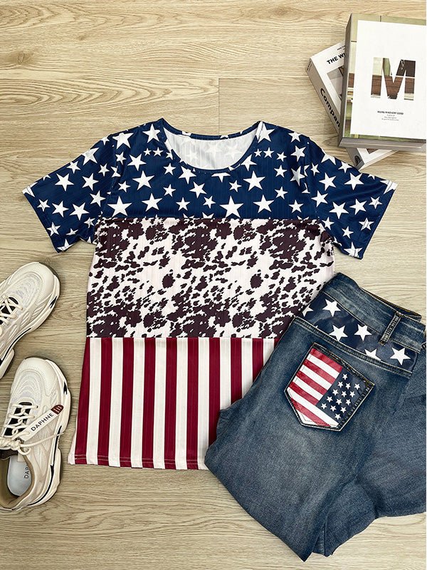 Women's T-Shirts Star Stripe Crew Neck Short Sleeve T-Shirt - T-Shirts - Instastyled | Online Fashion Free Shipping Clothing, Dresses, Tops, Shoes - 06/06/2022 - 20-30 - color-blue