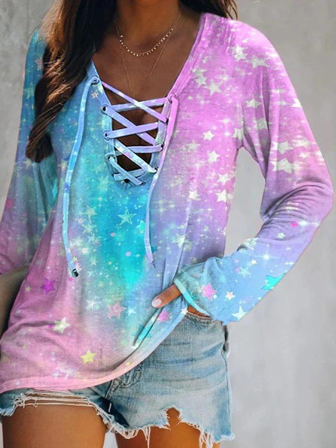 Women's T-Shirts Star Tie-Dye Print Tie Long Sleeve T-Shirt - T-Shirts - INS | Online Fashion Free Shipping Clothing, Dresses, Tops, Shoes - 13/10/2021 - 20-30 - color-pink