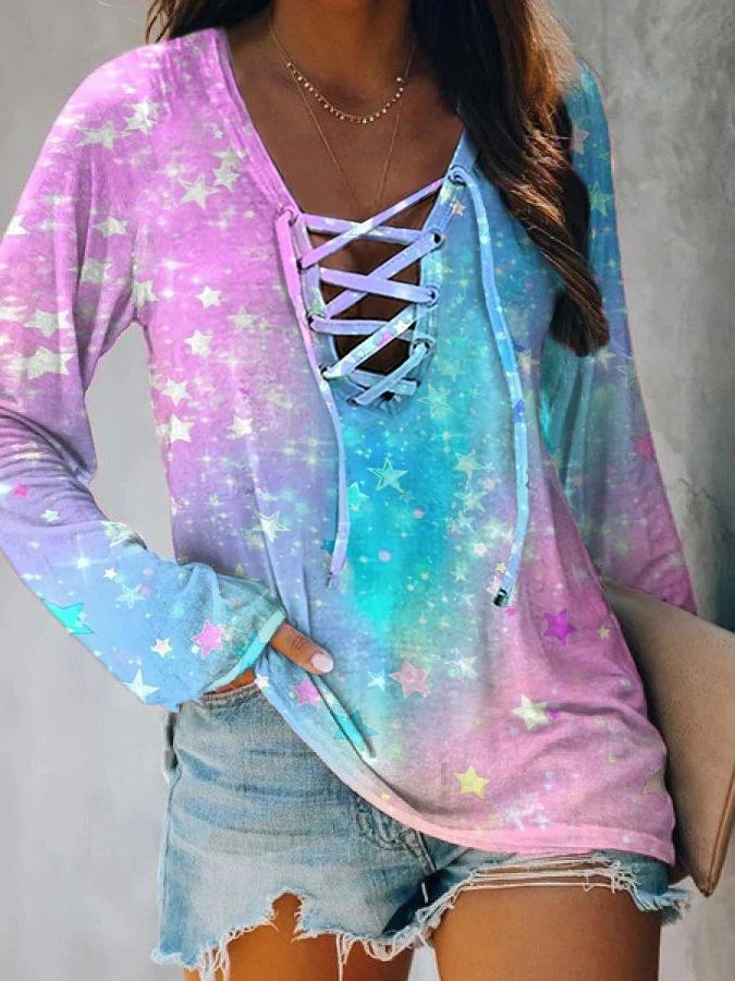 Women's T-Shirts Star Tie-Dye Print Tie Long Sleeve T-Shirt - T-Shirts - INS | Online Fashion Free Shipping Clothing, Dresses, Tops, Shoes - 13/10/2021 - 20-30 - color-pink