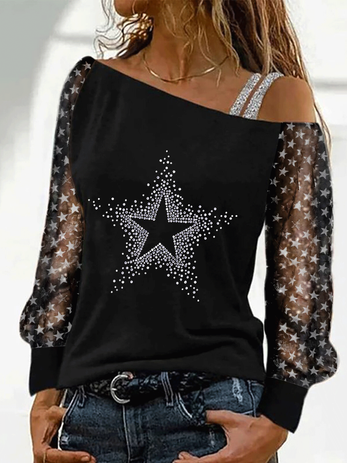 Women's T-Shirts Strapless Hot Rhinestone Star Long Sleeve T-Shirt - T-Shirts - Instastyled | Online Fashion Free Shipping Clothing, Dresses, Tops, Shoes - 20-30 - 21/12/2021 - color-black