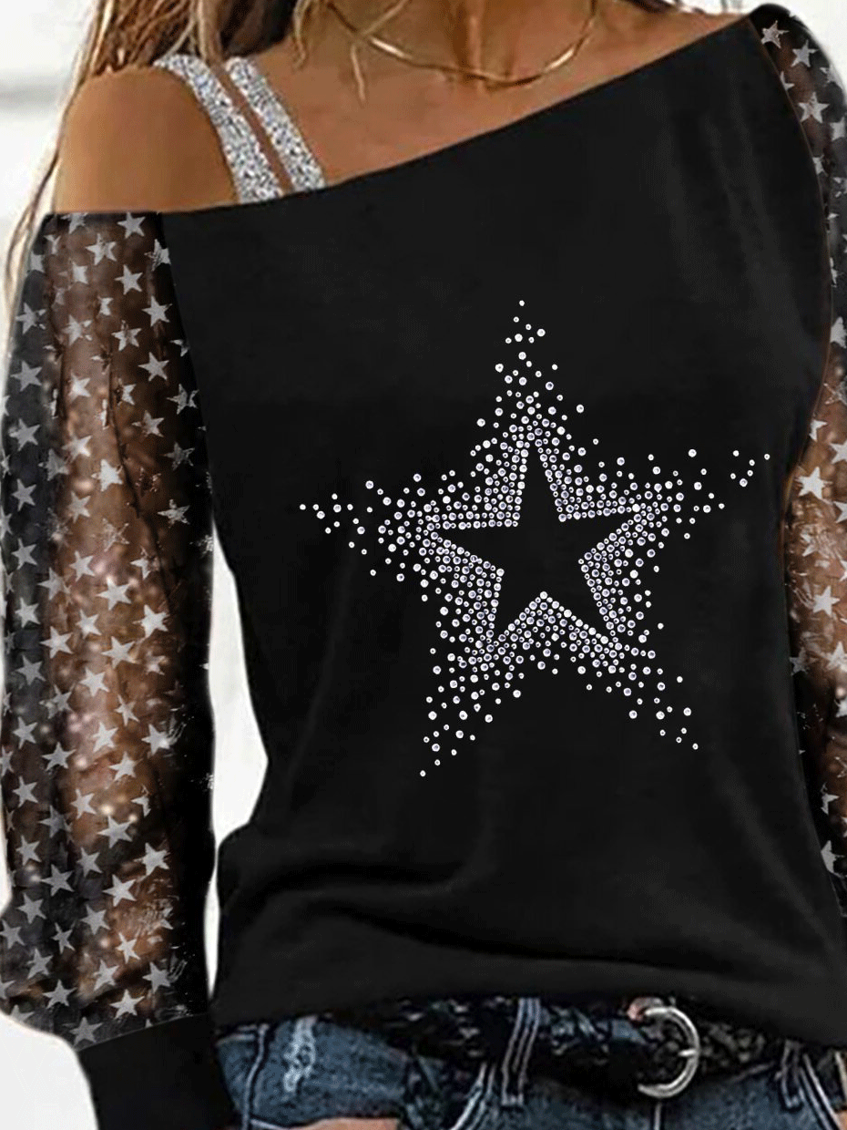 Women's T-Shirts Strapless Hot Rhinestone Star Long Sleeve T-Shirt - T-Shirts - Instastyled | Online Fashion Free Shipping Clothing, Dresses, Tops, Shoes - 20-30 - 21/12/2021 - color-black