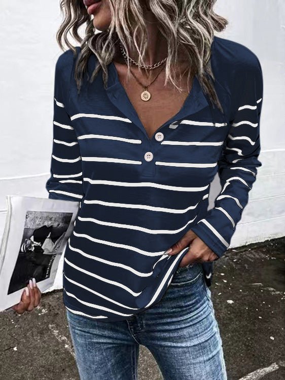 Women's T-Shirts Striped Button Long Sleeve T-Shirt - T-Shirts - Instastyled | Online Fashion Free Shipping Clothing, Dresses, Tops, Shoes - 08/09/2022 - Color_Black - Color_Blue