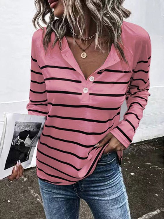 Women's T-Shirts Striped Button Long Sleeve T-Shirt - T-Shirts - Instastyled | Online Fashion Free Shipping Clothing, Dresses, Tops, Shoes - 08/09/2022 - Color_Black - Color_Blue