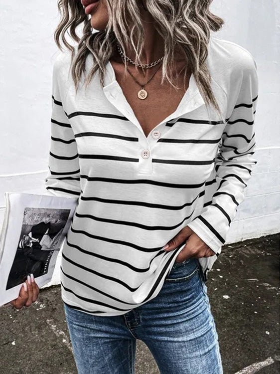 Women's T-Shirts Striped Button Long Sleeve T-Shirt - T-Shirts - Instastyled | Online Fashion Free Shipping Clothing, Dresses, Tops, Shoes - 08/09/2022 - Color_Black - Color_Blue