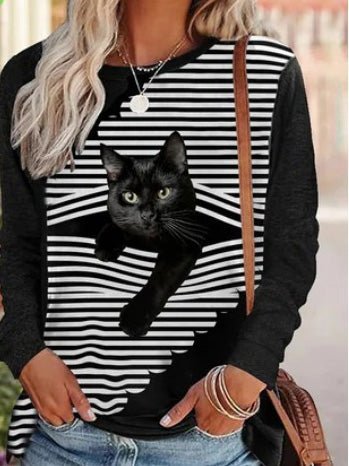 Women's T-Shirts Striped Cat Print Crew Neck Long Sleeve T-Shirt - T-Shirts - Instastyled | Online Fashion Free Shipping Clothing, Dresses, Tops, Shoes - 20-30 - 27/09/2022 - color-black