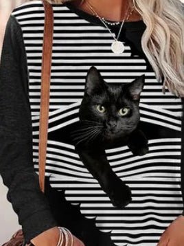 Women's T-Shirts Striped Cat Print Crew Neck Long Sleeve T-Shirt - T-Shirts - Instastyled | Online Fashion Free Shipping Clothing, Dresses, Tops, Shoes - 20-30 - 27/09/2022 - color-black