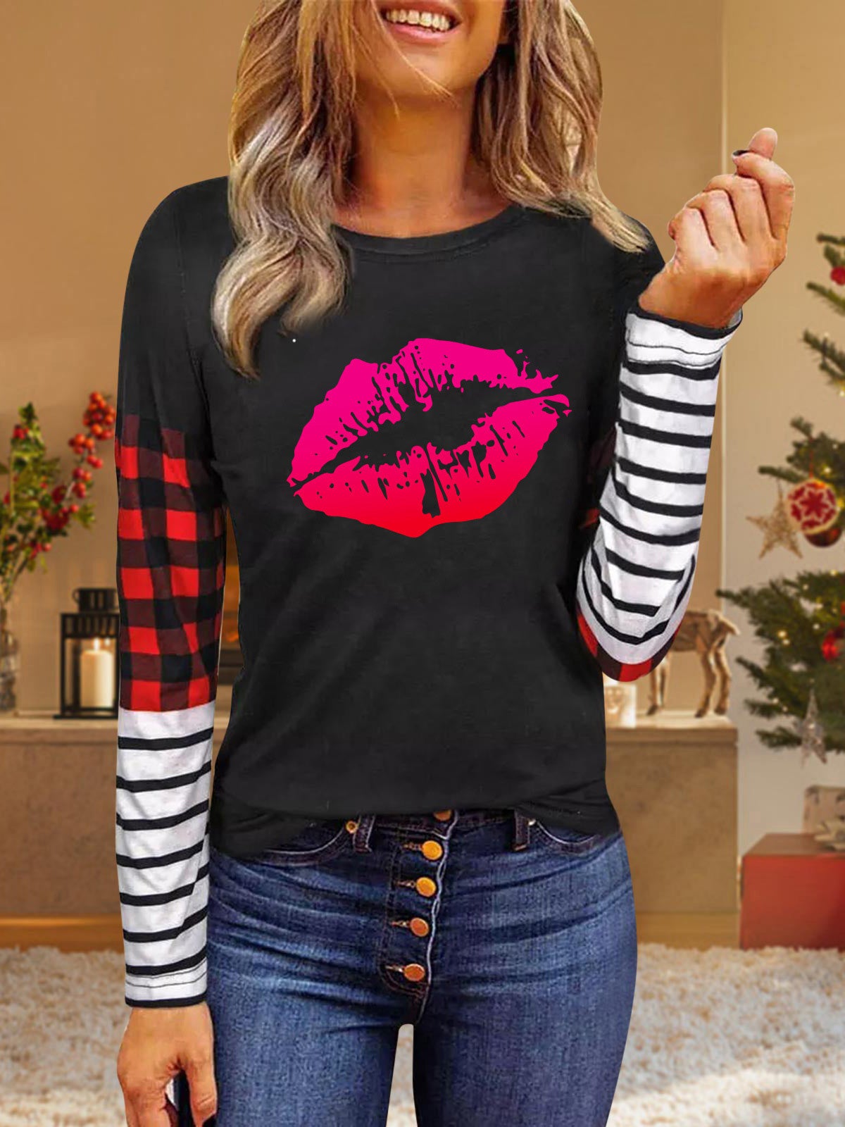 Women's T-Shirts Striped Check Lip Print Long Sleeve T-Shirt - T-Shirts - Instastyled | Online Fashion Free Shipping Clothing, Dresses, Tops, Shoes - 20-30 - 22/12/2021 - color-black