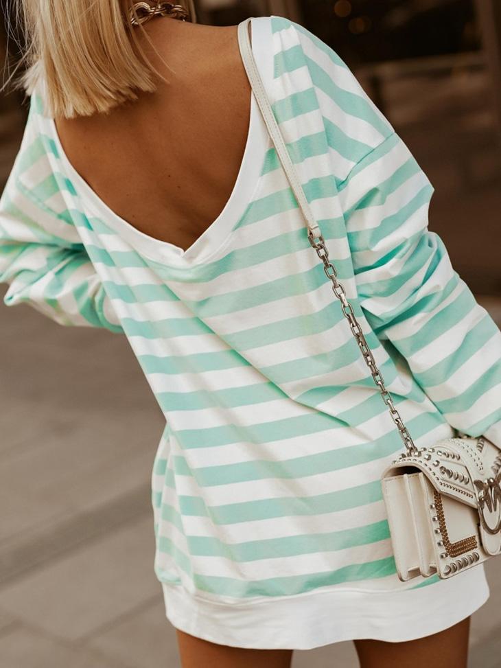 Women's T-Shirts Striped Pocket Round Neck Long Sleeve T-Shirt - T-Shirts - INS | Online Fashion Free Shipping Clothing, Dresses, Tops, Shoes - 20-30 - 23/09/2021 - color-green