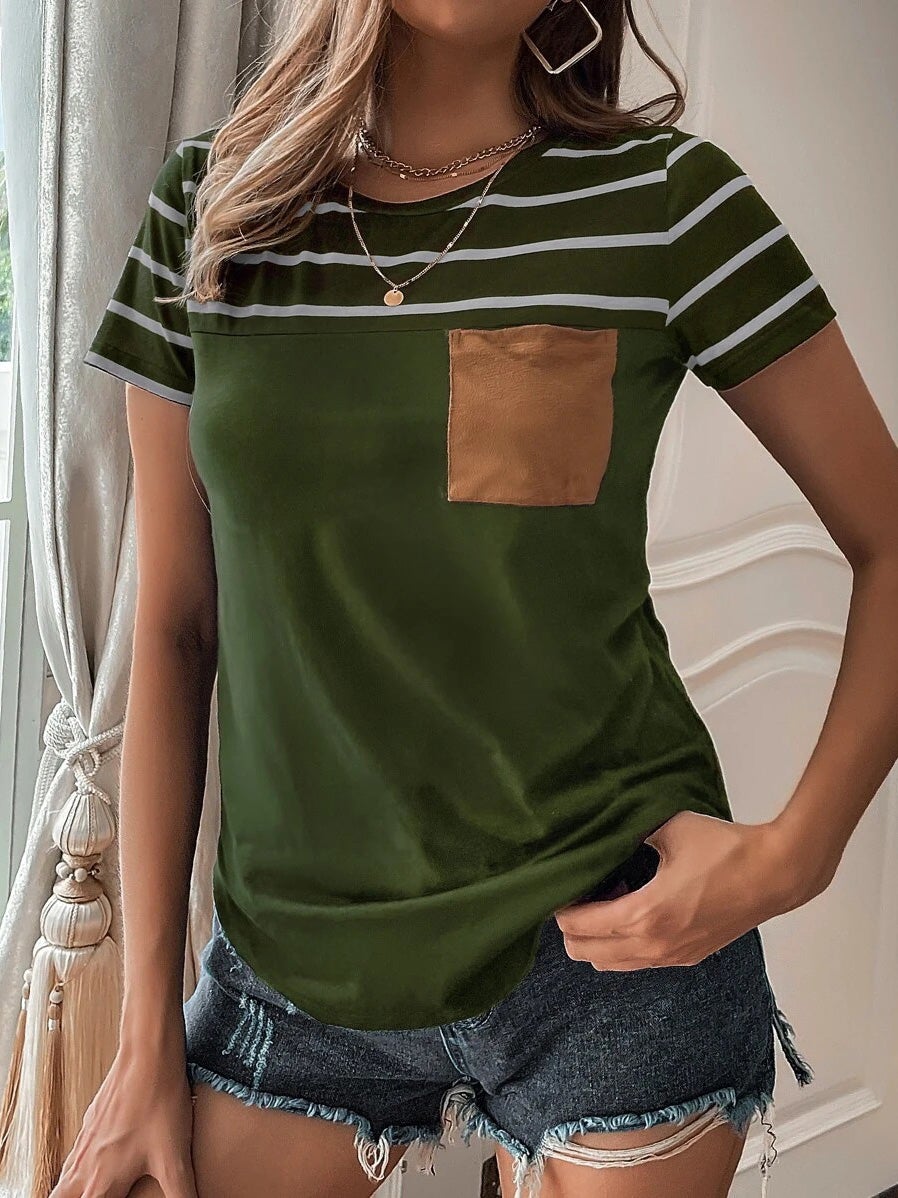 Women's T-Shirts Striped Pocket Round Neck Short Sleeve T-Shirt - T-Shirts - Instastyled | Online Fashion Free Shipping Clothing, Dresses, Tops, Shoes - 07/01/2022 - 20-30 - color-dark_green