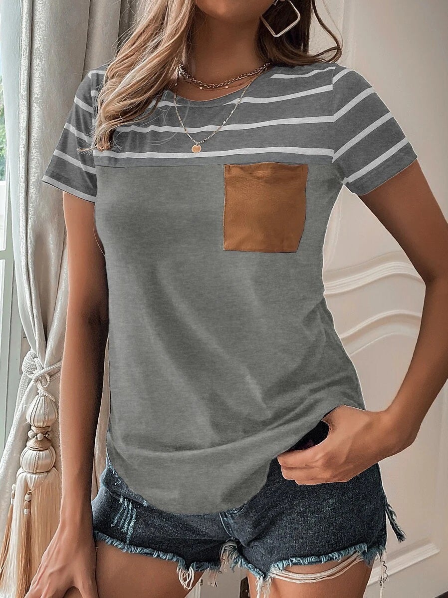 Women's T-Shirts Striped Pocket Round Neck Short Sleeve T-Shirt - T-Shirts - Instastyled | Online Fashion Free Shipping Clothing, Dresses, Tops, Shoes - 07/01/2022 - 20-30 - color-dark_green