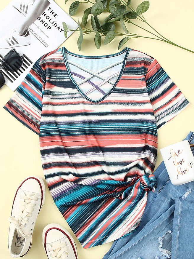 Women's T-Shirts Striped Print Cross Front Short Sleeve T-Shirt - T-Shirts - Instastyled | Online Fashion Free Shipping Clothing, Dresses, Tops, Shoes - 20-30 - 24/07/2022 - color-multi