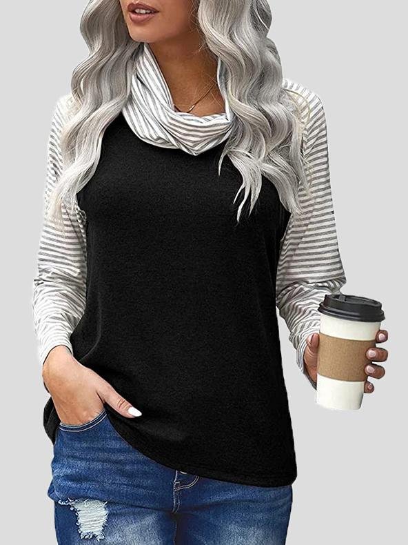 Women's T-Shirts Striped Print Stitching High-Neck Long Sleeve T-Shirt - T-Shirts - INS | Online Fashion Free Shipping Clothing, Dresses, Tops, Shoes - 20-30 - 24/08/2021 - Category_T-Shirts