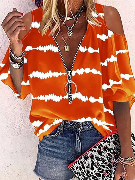 Women's T-Shirts Striped Print Zip Off-Shoulder Mid-Sleeve T-Shirt - T-Shirts - Instastyled | Online Fashion Free Shipping Clothing, Dresses, Tops, Shoes - 19/05/2022 - 20-30 - color-blue