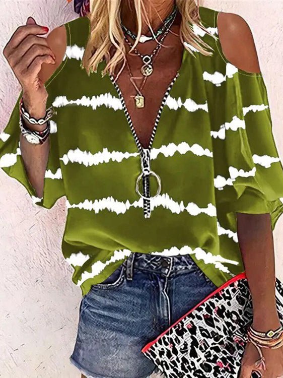 Women's T-Shirts Striped Print Zip Off-Shoulder Mid-Sleeve T-Shirt - T-Shirts - Instastyled | Online Fashion Free Shipping Clothing, Dresses, Tops, Shoes - 19/05/2022 - 20-30 - color-blue