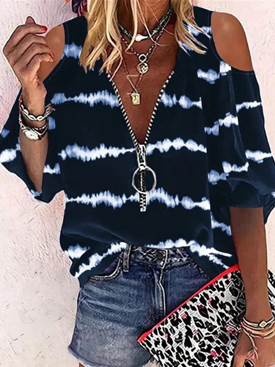 Women's T-Shirts Striped Print Zip Off-Shoulder Mid-Sleeve T-Shirt - T-Shirts - Instastyled | Online Fashion Free Shipping Clothing, Dresses, Tops, Shoes - 19/05/2022 - 20-30 - color-blue