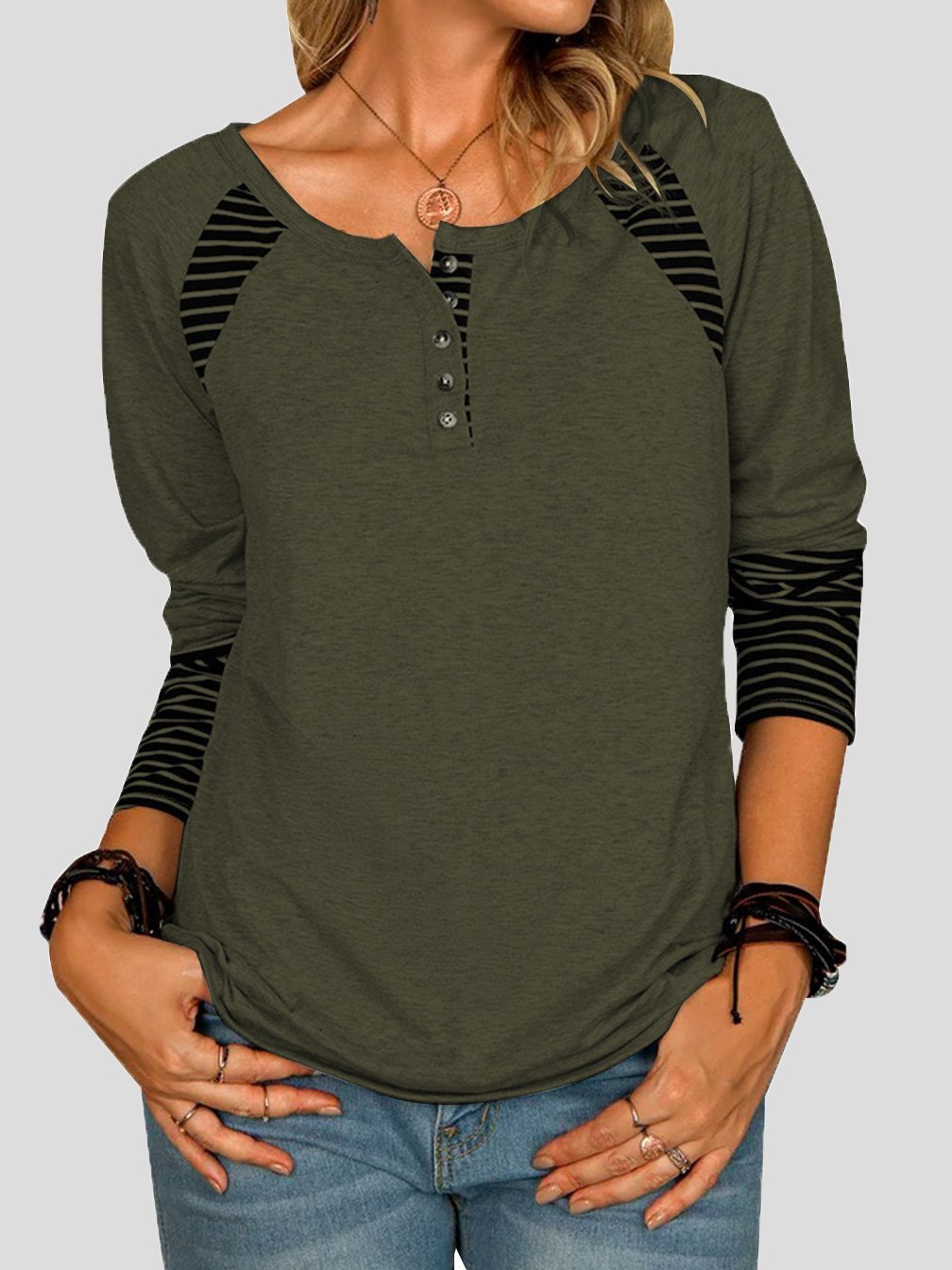 Women's T-Shirts Striped Printed Button Long Sleeve T-Shirt - T-Shirts - INS | Online Fashion Free Shipping Clothing, Dresses, Tops, Shoes - 10-20 - 14/09/2021 - Category_T-Shirts