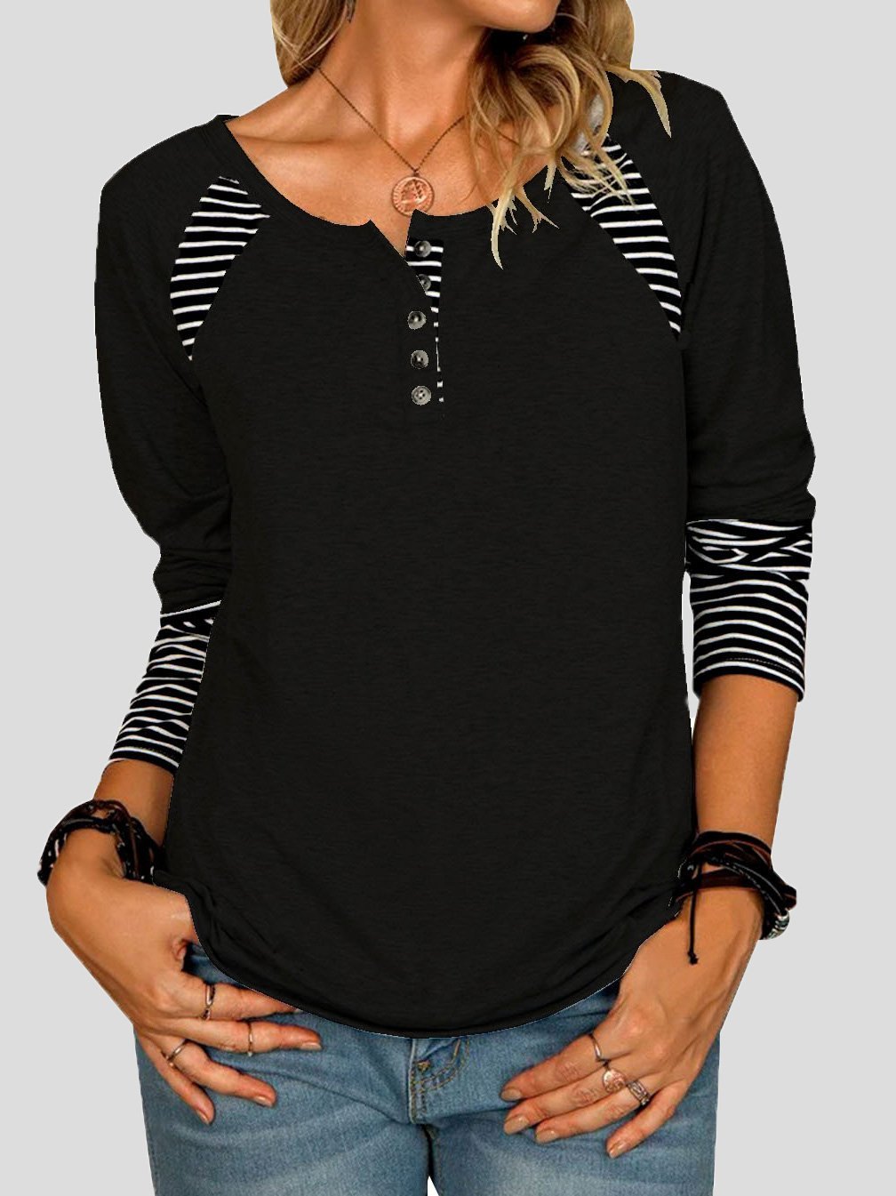 Women's T-Shirts Striped Printed Button Long Sleeve T-Shirt - T-Shirts - INS | Online Fashion Free Shipping Clothing, Dresses, Tops, Shoes - 10-20 - 14/09/2021 - Category_T-Shirts