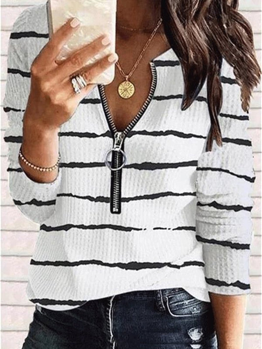 Women's T-Shirts Striped Printed Zipper Long Sleeve T-Shirt - T-Shirts - INS | Online Fashion Free Shipping Clothing, Dresses, Tops, Shoes - 12/10/2021 - 20-30 - color-white