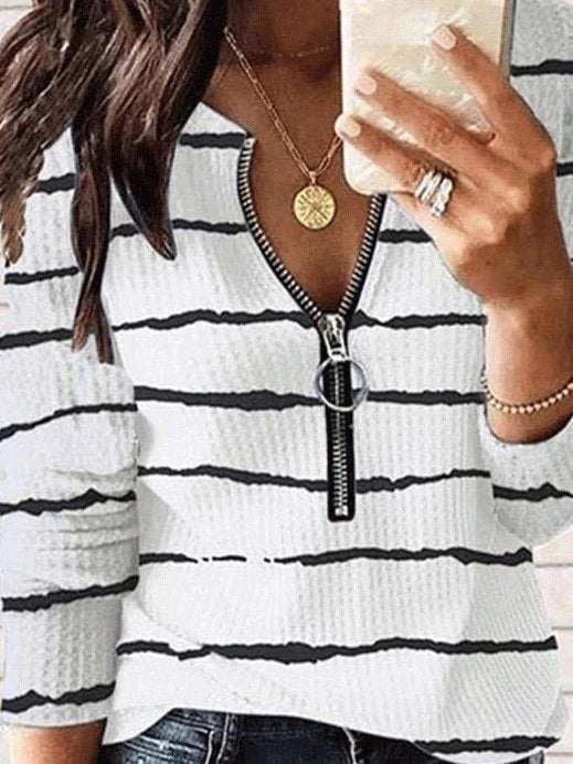 Women's T-Shirts Striped Printed Zipper Long Sleeve T-Shirt - T-Shirts - INS | Online Fashion Free Shipping Clothing, Dresses, Tops, Shoes - 12/10/2021 - 20-30 - color-white