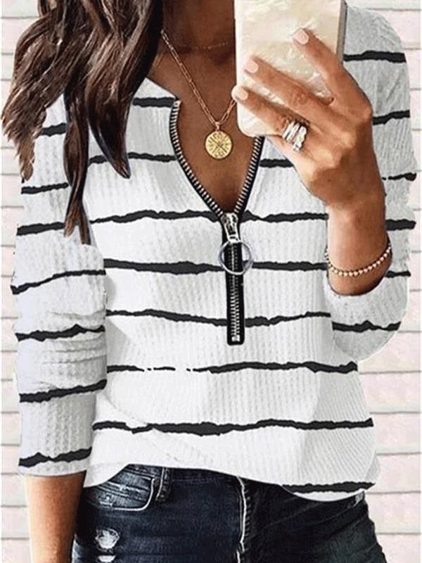 Women's T-Shirts Striped Printed Zipper Long Sleeve T-Shirt - T-Shirts - INS | Online Fashion Free Shipping Clothing, Dresses, Tops, Shoes - 12/10/2021 - 20-30 - color-white