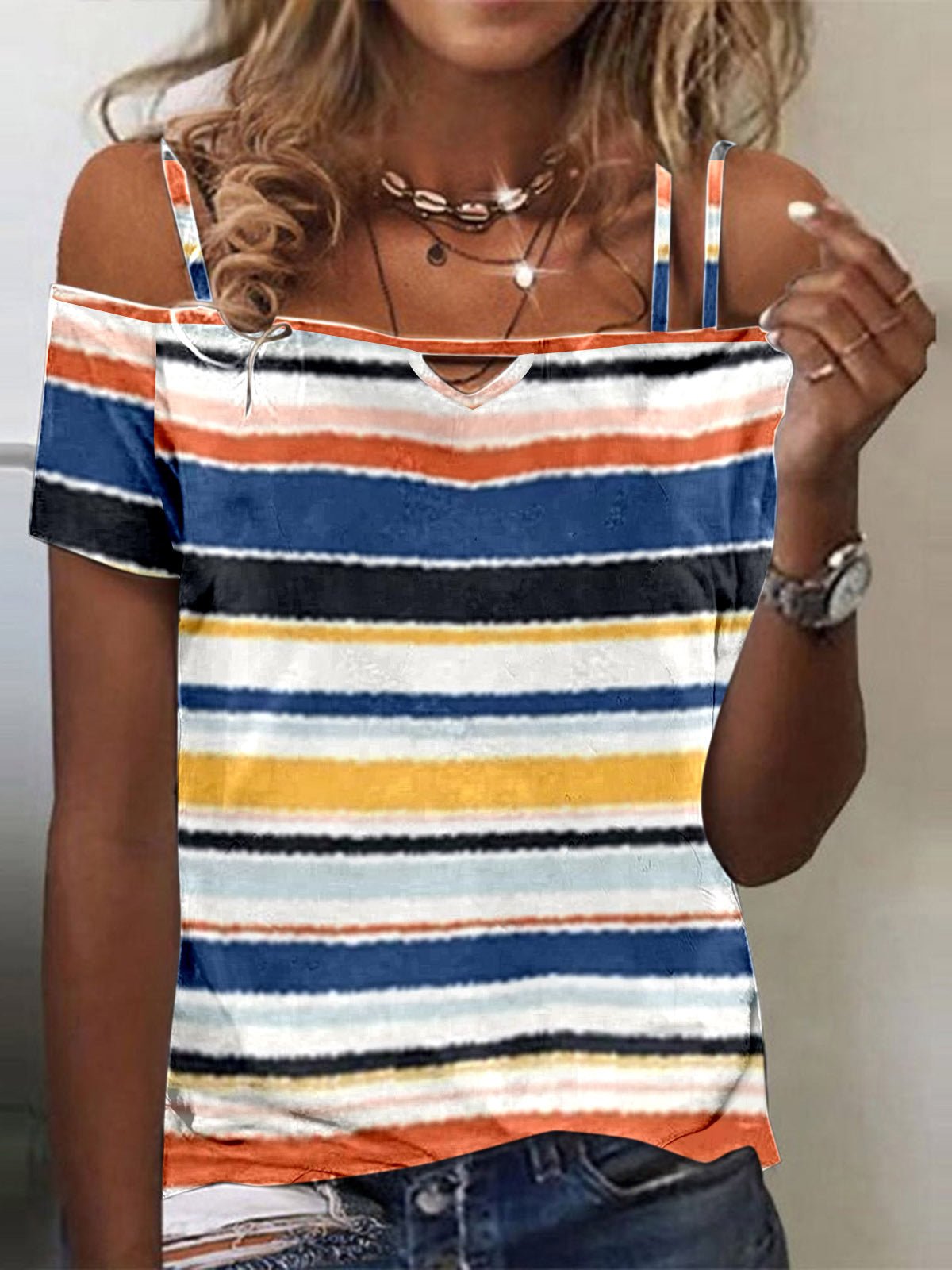 Women's T-Shirts Striped Sling One-Shoulder Short Sleeve T-Shirt - T-Shirts - Instastyled | Online Fashion Free Shipping Clothing, Dresses, Tops, Shoes - 20-30 - 22/06/2022 - color-black