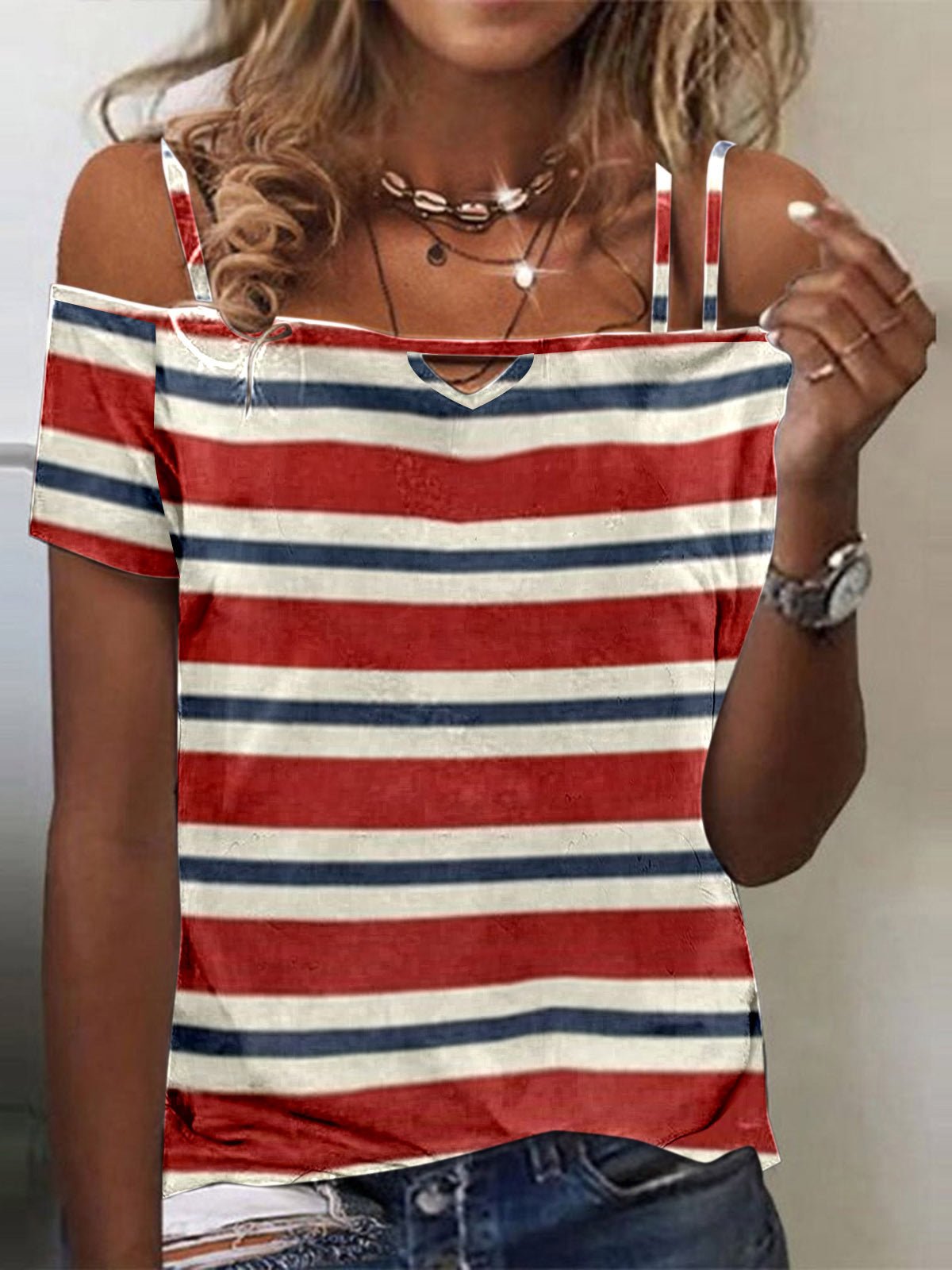 Women's T-Shirts Striped Sling One-Shoulder Short Sleeve T-Shirt - T-Shirts - Instastyled | Online Fashion Free Shipping Clothing, Dresses, Tops, Shoes - 20-30 - 22/06/2022 - color-black