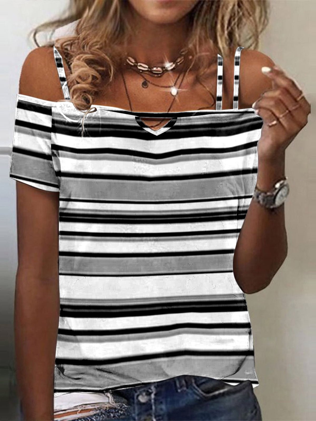 Women's T-Shirts Striped Sling One-Shoulder Short Sleeve T-Shirt - T-Shirts - Instastyled | Online Fashion Free Shipping Clothing, Dresses, Tops, Shoes - 20-30 - 22/06/2022 - color-black