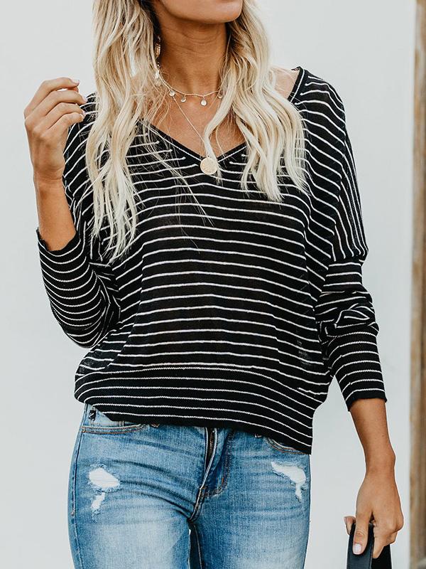 Women's T-Shirts Striped V-Neck Bat Long Sleeve T-Shirts - T-Shirts - INS | Online Fashion Free Shipping Clothing, Dresses, Tops, Shoes - 04/09/2021 - 10-20 - Category_T-Shirts