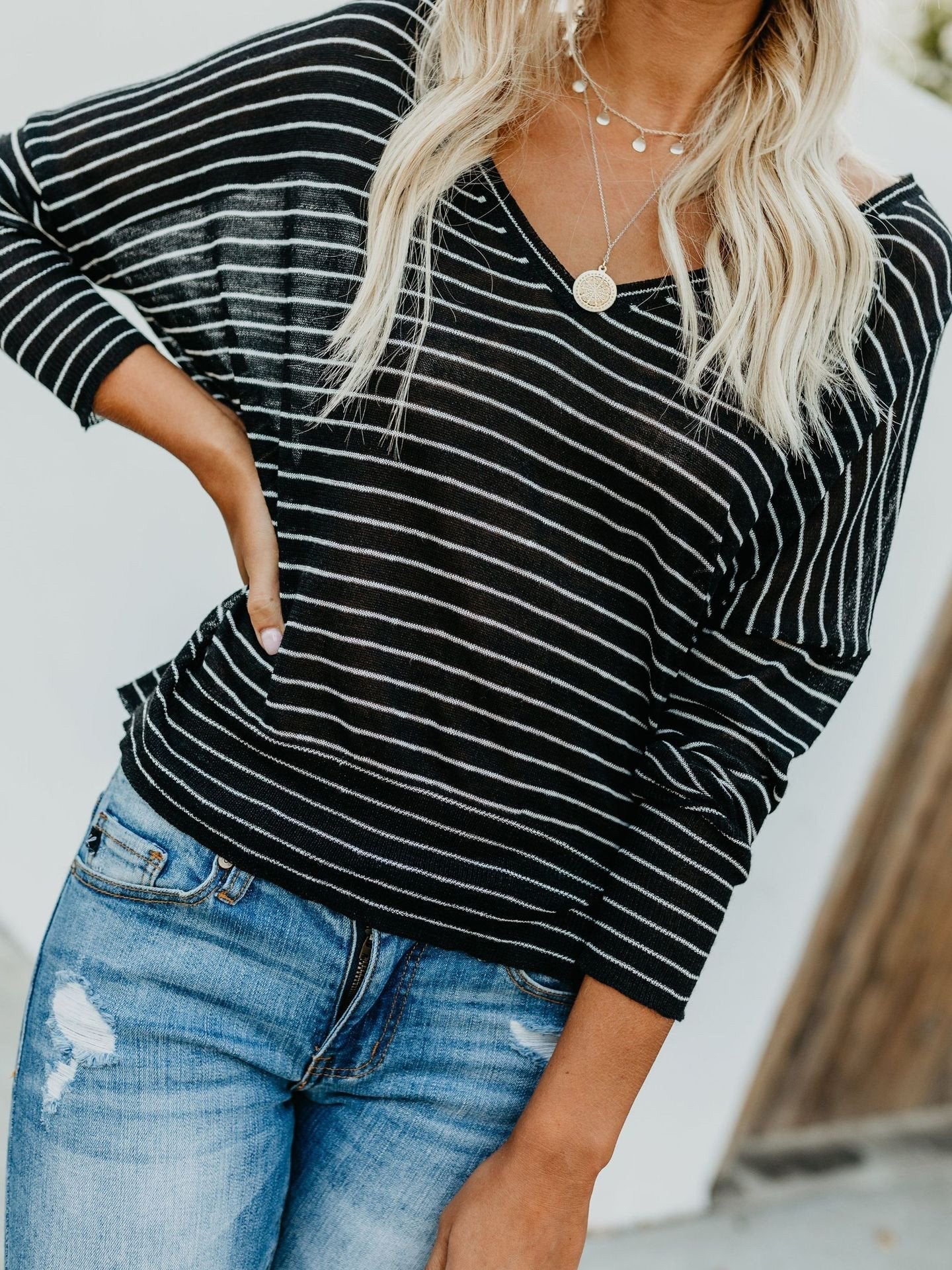 Women's T-Shirts Striped V-Neck Bat Long Sleeve T-Shirts - T-Shirts - INS | Online Fashion Free Shipping Clothing, Dresses, Tops, Shoes - 04/09/2021 - 10-20 - Category_T-Shirts