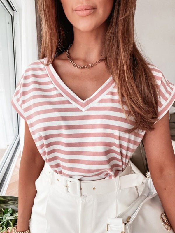 Women's T-Shirts Striped V-Neck Short Sleeve T-Shirt - T-Shirts - Instastyled | Online Fashion Free Shipping Clothing, Dresses, Tops, Shoes - 01/08/2022 - 20-30 - color-black