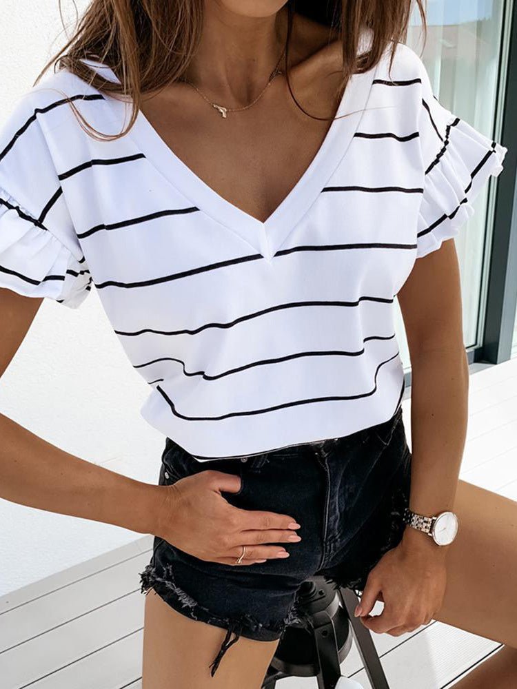 Women's T-Shirts Striped V-Neck Short Sleeve T-Shirt - T-Shirts - Instastyled | Online Fashion Free Shipping Clothing, Dresses, Tops, Shoes - 10-20 - 29/07/2022 - color-white