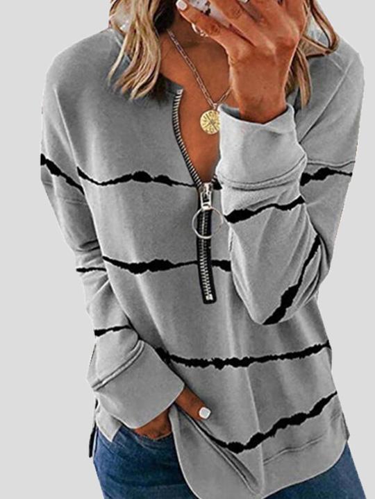 Women's T-Shirts Striped Zipper V-Neck Long Sleeve Loose T-Shirt - T-Shirts - INS | Online Fashion Free Shipping Clothing, Dresses, Tops, Shoes - 10-20 - 10/08/2021 - Category_T-Shirts