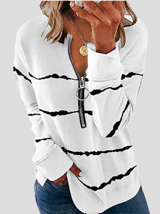 Women's T-Shirts Striped Zipper V-Neck Long Sleeve Loose T-Shirt - T-Shirts - INS | Online Fashion Free Shipping Clothing, Dresses, Tops, Shoes - 10-20 - 10/08/2021 - Category_T-Shirts