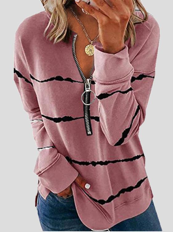 Women's T-Shirts Striped Zipper V-Neck Long Sleeve Loose T-Shirt - T-Shirts - INS | Online Fashion Free Shipping Clothing, Dresses, Tops, Shoes - 10-20 - 10/08/2021 - Category_T-Shirts