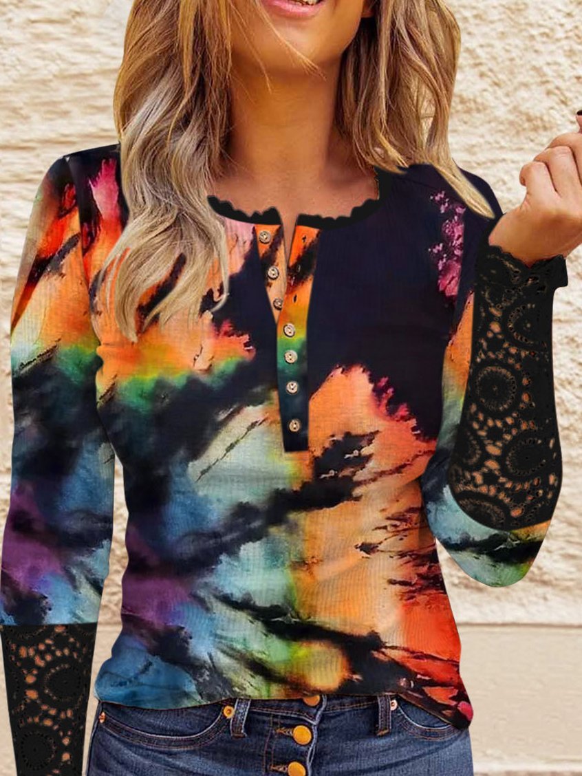 Women's T-Shirts Tie-Dye Button Lace Long Sleeve T-Shirt - T-Shirts - INS | Online Fashion Free Shipping Clothing, Dresses, Tops, Shoes - 20-30 - 20/10/2021 - color-multi