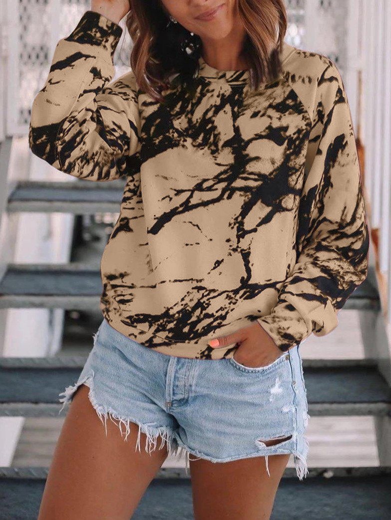 Women's T-Shirts Tie-Dye Print Round Neck Long Sleeve T-Shirt - T-Shirts - INS | Online Fashion Free Shipping Clothing, Dresses, Tops, Shoes - 10-20 - 22/10/2021 - color-khaki