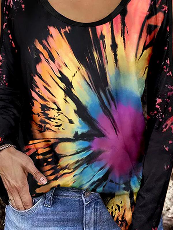 Women's T-Shirts Tie-Dye Stitching Hollow Round Neck Long Sleeve T-Shirt - T-Shirts - INS | Online Fashion Free Shipping Clothing, Dresses, Tops, Shoes - 17/11/2021 - 20-30 - color-multi