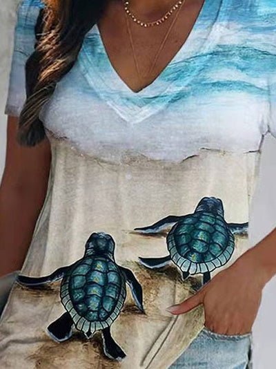 Women's T-Shirts Turtle Print V-Neck Short Sleeve T-Shirt - T-Shirts - Instastyled | Online Fashion Free Shipping Clothing, Dresses, Tops, Shoes - 02/03/2022 - 20-30 - color-multi