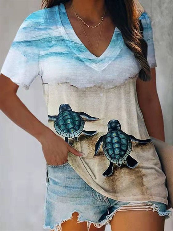 Women's T-Shirts Turtle Print V-Neck Short Sleeve T-Shirt - T-Shirts - Instastyled | Online Fashion Free Shipping Clothing, Dresses, Tops, Shoes - 02/03/2022 - 20-30 - color-multi